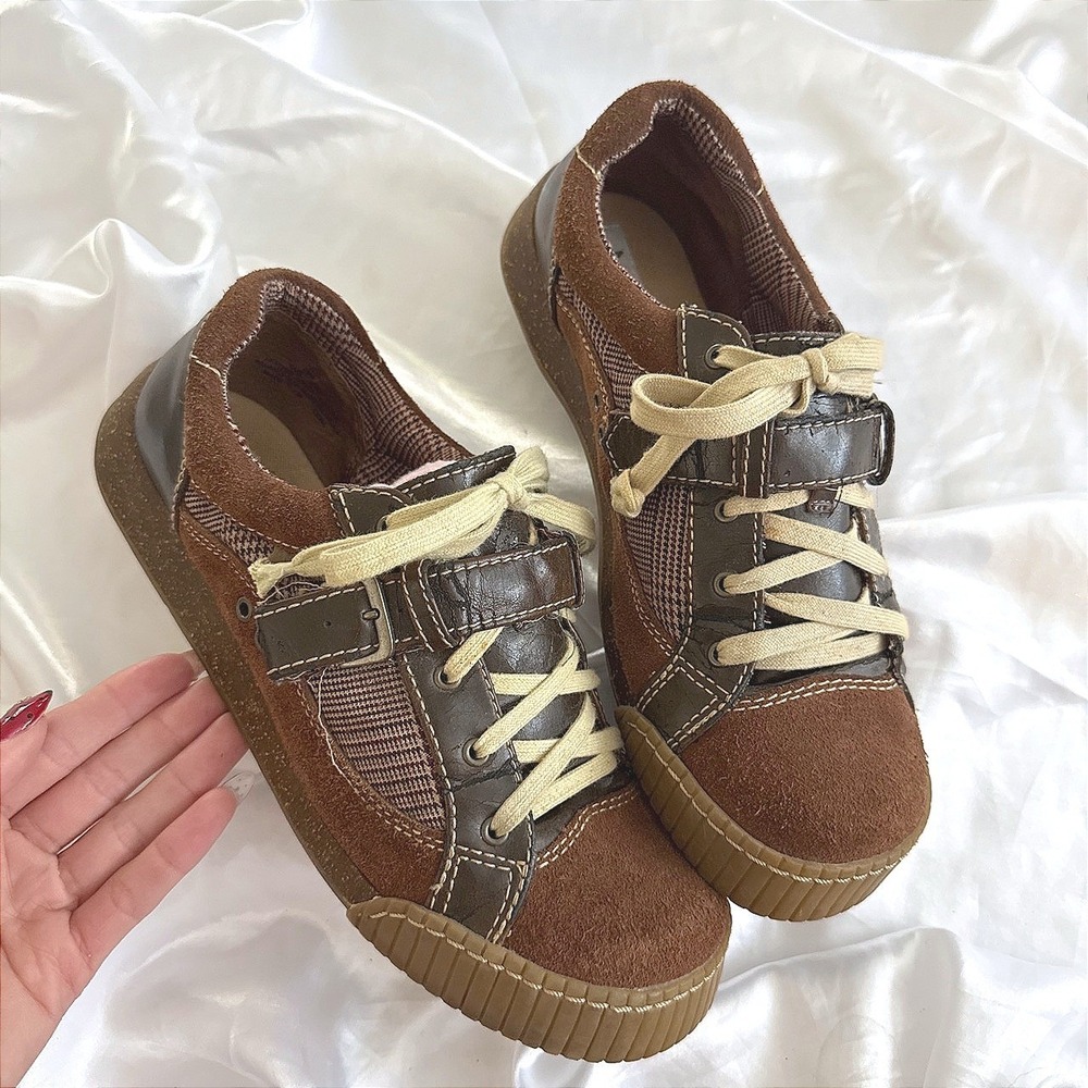 MIA Vintage Brown Suede Leather Buckle Platform Sneakers Womens 9 Y2K Chunky